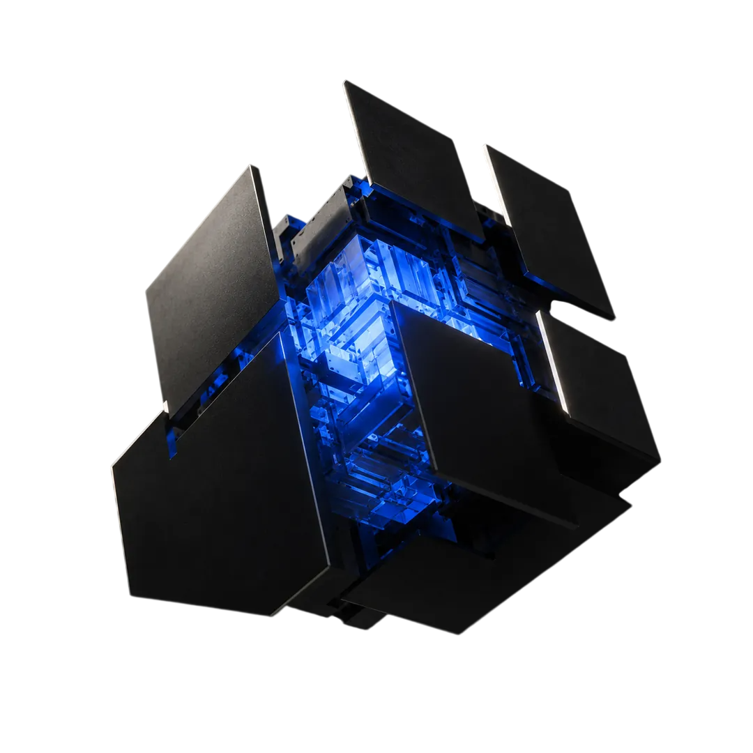 Blue illuminated modular structure representing connected ongoing support